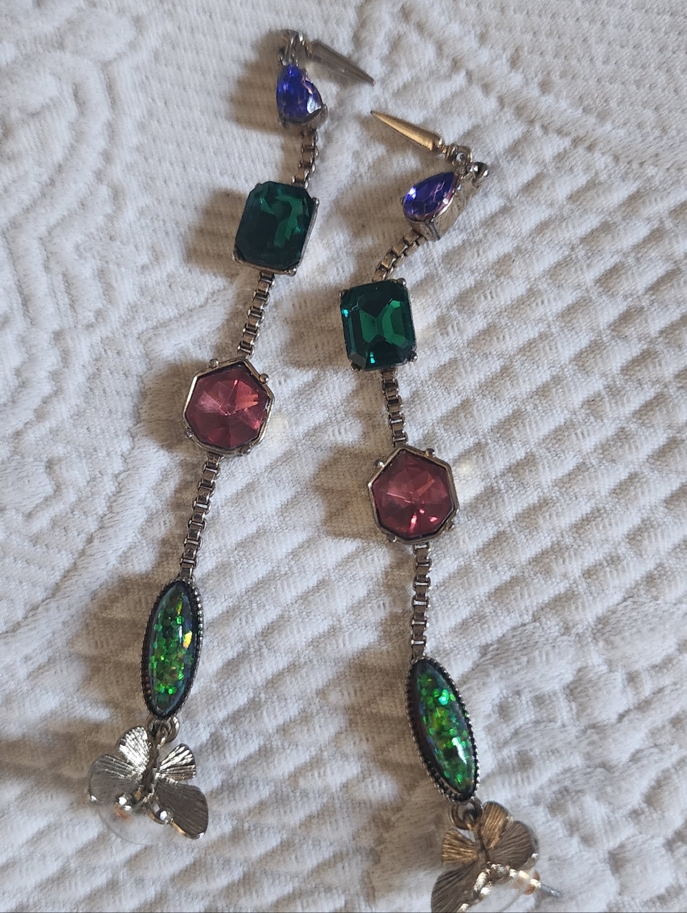 Long Dangle Earrings with Multicolor Gemstones - Pink, Green & Purple